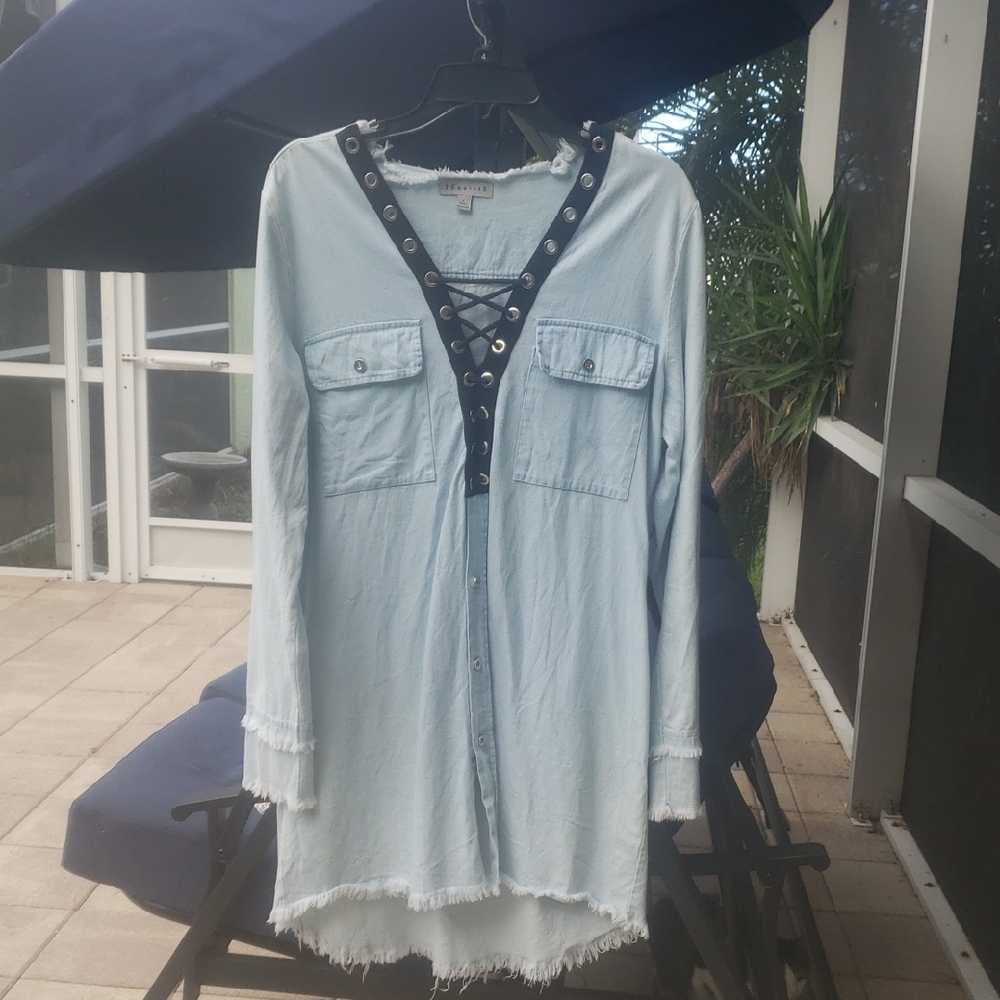 Light Blue Denim Shirt Dress with Black Lace-Up Detail